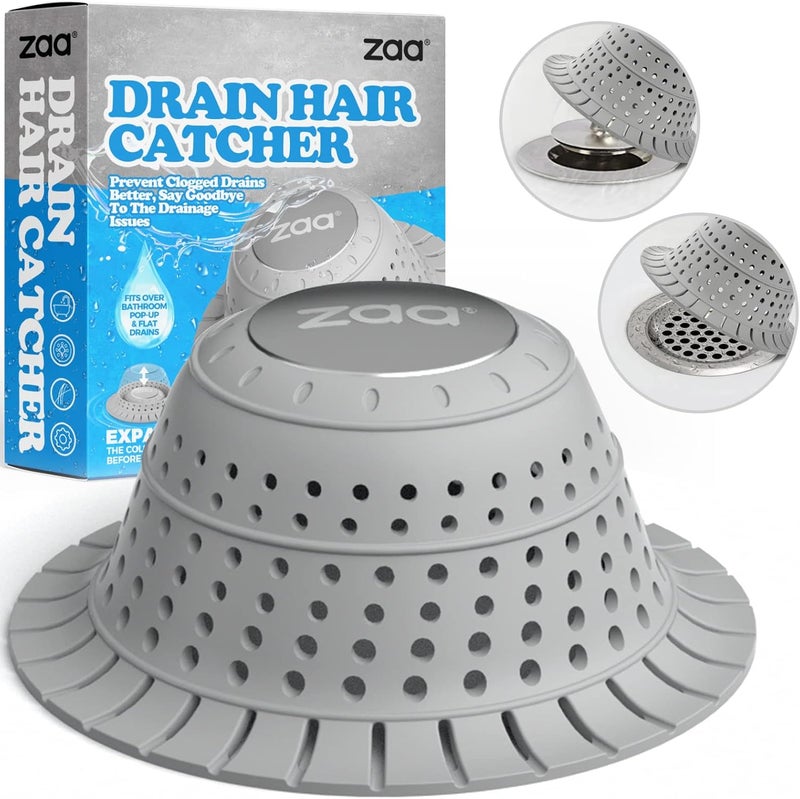 zaa Bathtub Drain Hair Catcher, Premium Silicone Shower Hair Catcher, 1Pack Collapsible Hair Stopper for Pop Up and Regular Drains of Shower, Bathtub, Bathroom Sink, Bathroom Fixture Accessories, Gray - Image 1